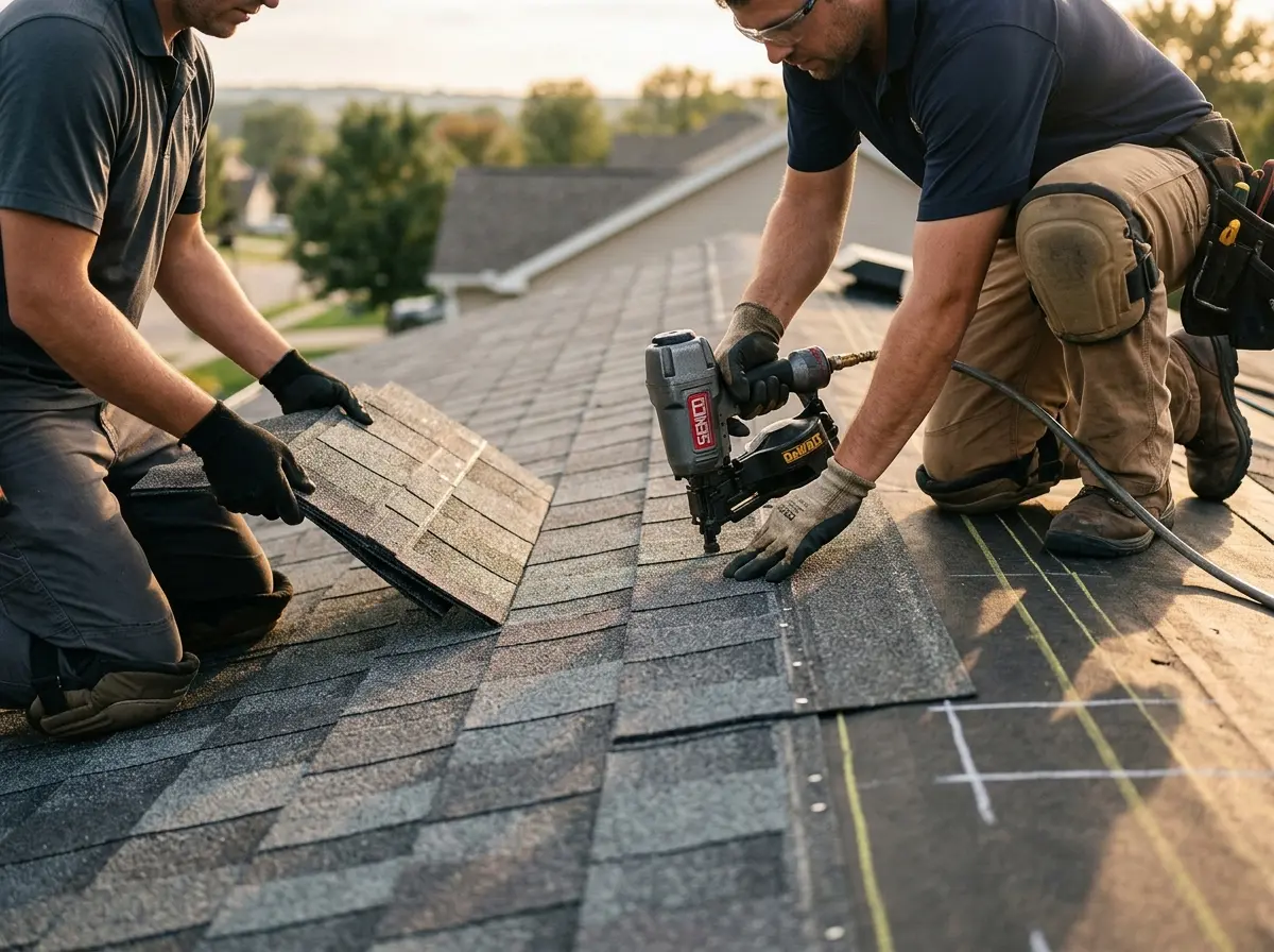 Professional roofer working on a residential roof in Horsham